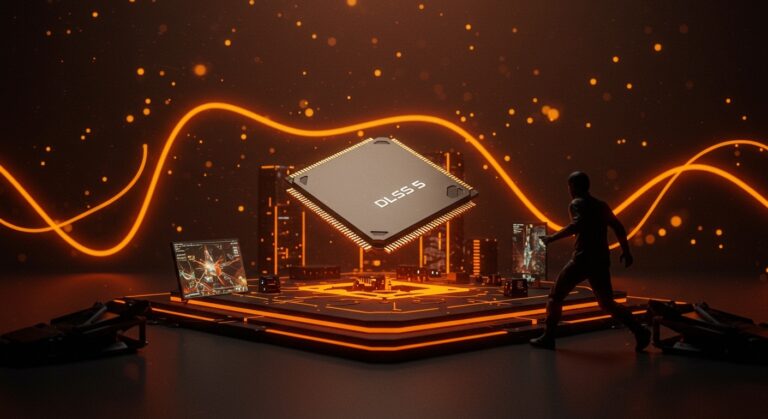 Visualización futurista de Nvidia DLSS 5 mejorando gráficos en tiempo real con inteligencia artificial en videojuegos.