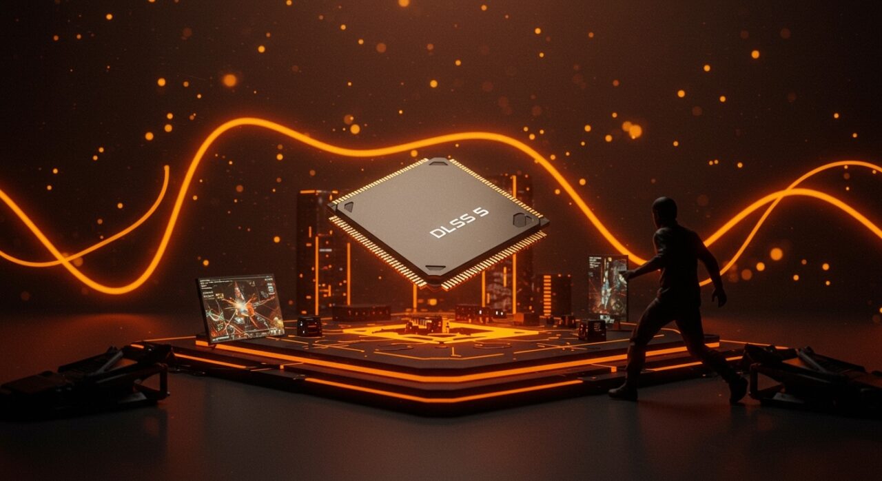 Visualización futurista de Nvidia DLSS 5 mejorando gráficos en tiempo real con inteligencia artificial en videojuegos.