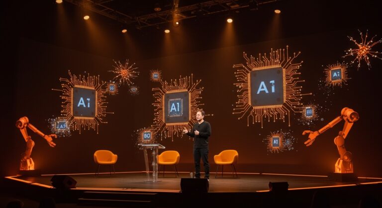 Keynote de Jensen Huang en Nvidia GTC 2026 con visuales de inteligencia artificial, chips de inferencia y robótica para founders tech.