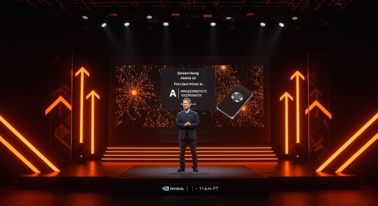 Jensen Huang en el Nvidia GTC 2026 keynote con metáforas visuales de inteligencia artificial y tecnología Nvidia en ecosistema startup naranja y negro.