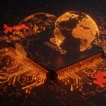 Chip de inteligencia artificial Nvidia Groq iluminado en naranja y negro, simbolizando innovación tecnológica y su impacto global, incluyendo el mercado chino.