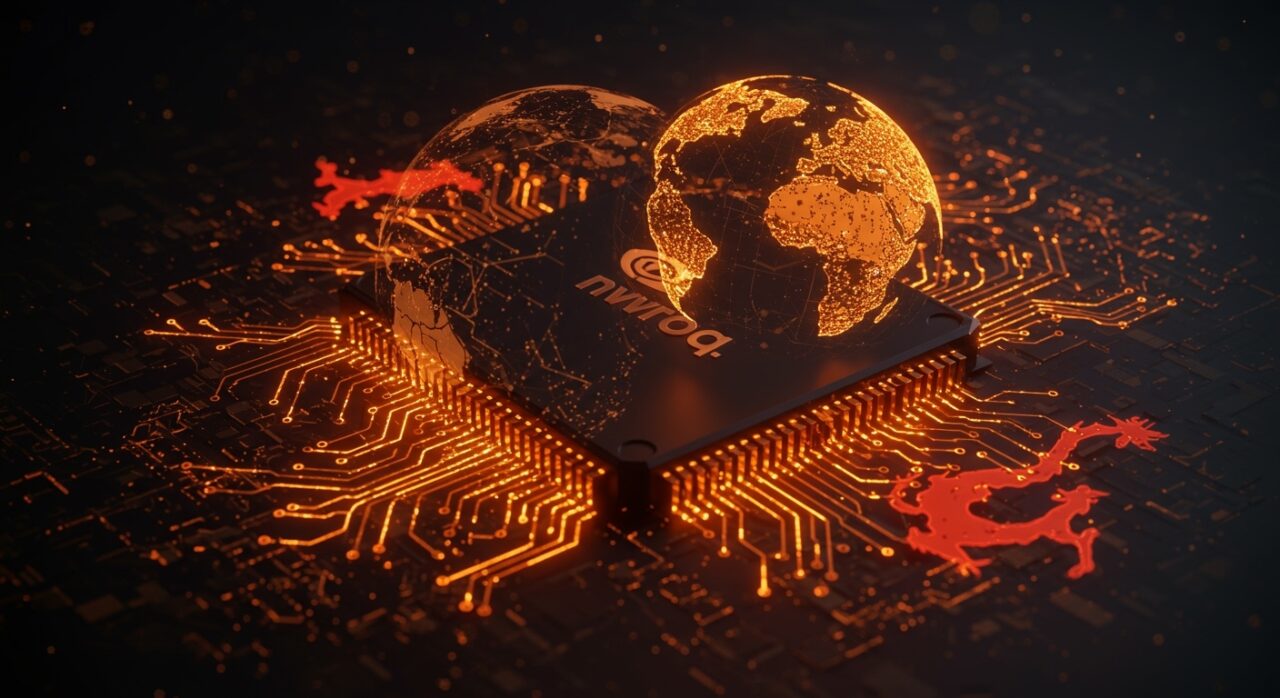 Chip de inteligencia artificial Nvidia Groq iluminado en naranja y negro, simbolizando innovación tecnológica y su impacto global, incluyendo el mercado chino.