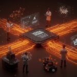 Inversión de NVIDIA en startup de IA Thinking Machines Lab de Mira Murati representada con chips Vera Rubin y modelos abiertos de inteligencia artificial.