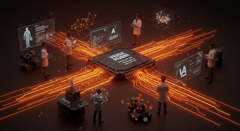 Inversión de NVIDIA en startup de IA Thinking Machines Lab de Mira Murati representada con chips Vera Rubin y modelos abiertos de inteligencia artificial.