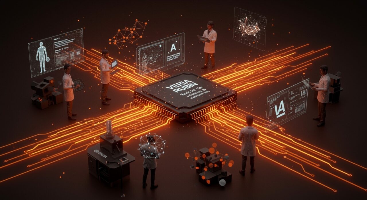 Inversión de NVIDIA en startup de IA Thinking Machines Lab de Mira Murati representada con chips Vera Rubin y modelos abiertos de inteligencia artificial.