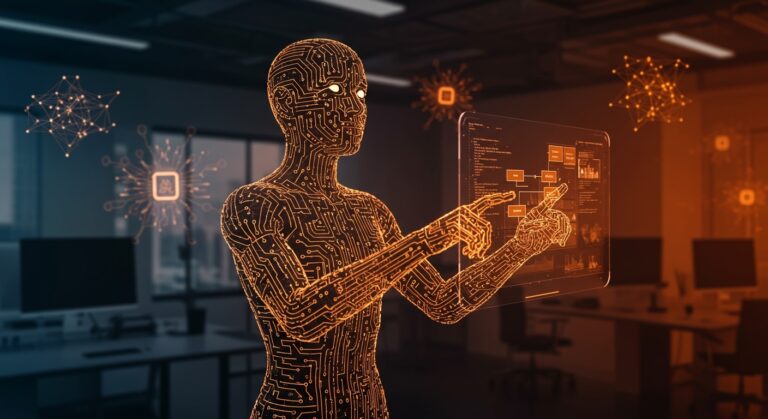 Agente de IA NemoClaw de NVIDIA en ambiente empresarial, representando una plataforma open source para agentes autónomos y estrategia de software innovadora.