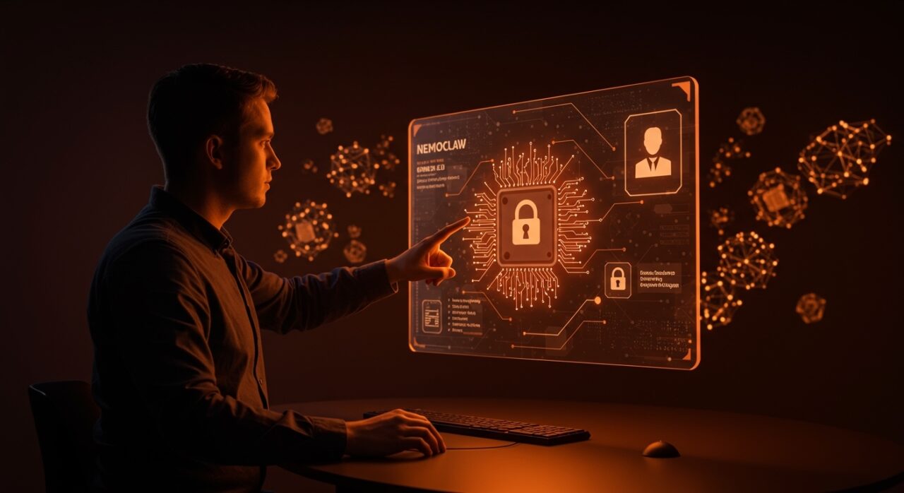 Interfaz futurista de la plataforma IA NemoClaw de Nvidia mostrando IA local segura para empresas y agentes inteligentes.