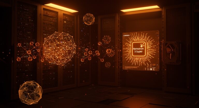 Imagen conceptual de Nvidia Nemotron 3 Super con arquitectura híbrida Mamba Transformer MoE destacando eficiencia y throughput en IA para automatización y agentes inteligentes.