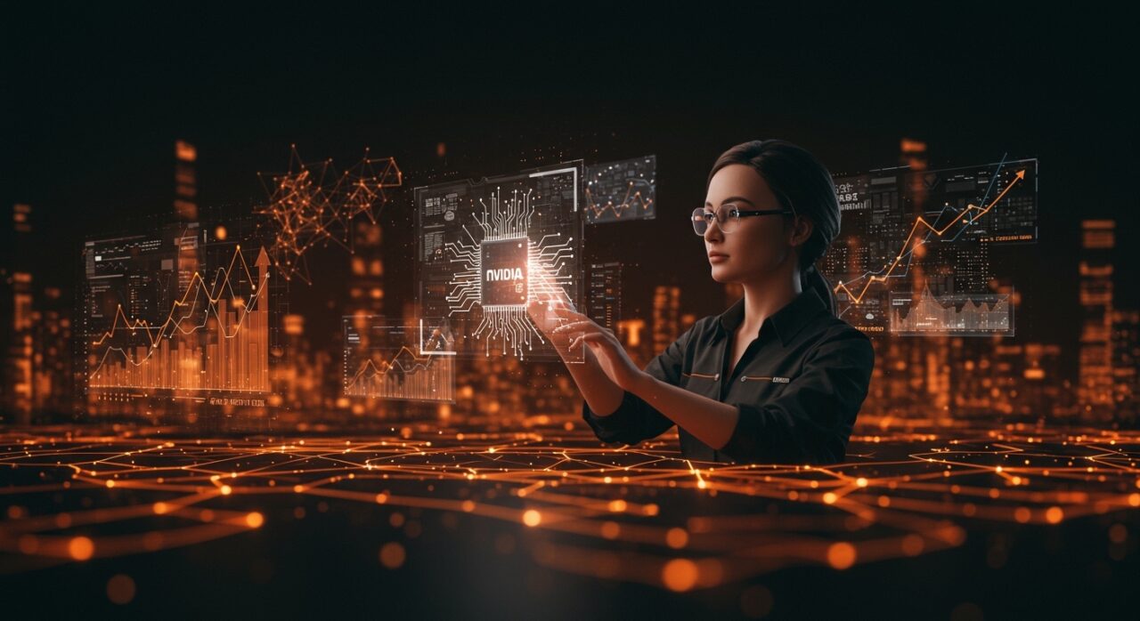 Visualización futurista de Nvidia impulsando networking y AI en tecnología con enfoque en startups y tendencias de mercado.