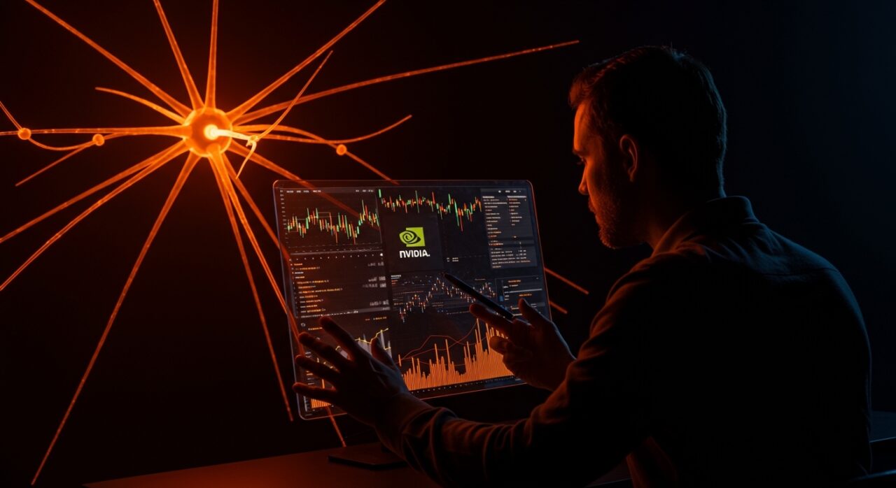 Líder tecnológico observando gráficos holográficos de inteligencia artificial y tendencias del mercado financiero tras conferencia de Nvidia.