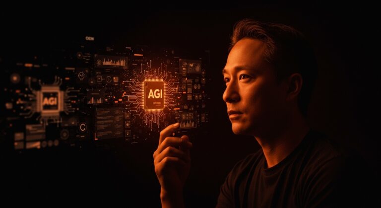 Jensen Huang y Nvidia frente a una interfaz digital que representa la inteligencia artificial general y las tendencias tecnológicas en startups.