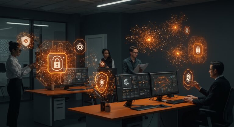 Plataforma Nvidia NemoClaw para agentes de IA empresariales seguros y open source con interfaces digitales y visualizaciones de seguridad y compatibilidad AI.