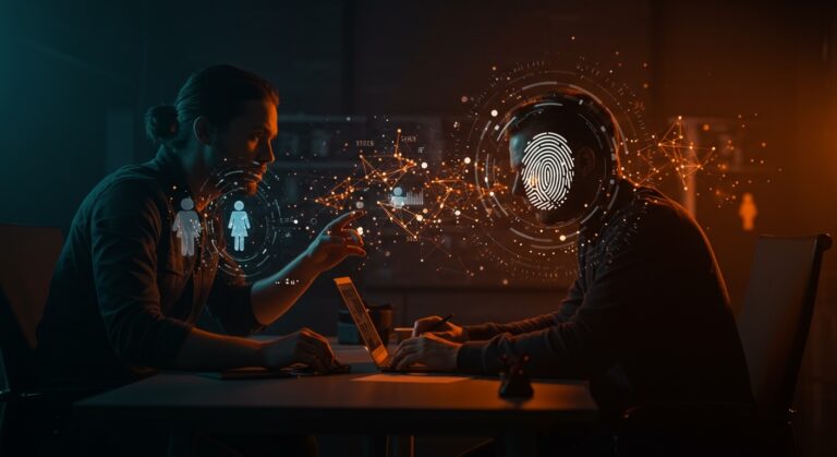 Fundadores de startup Nyne trabajando en inteligencia artificial con contexto humano y visualización de redes neuronales abstractas en ambiente naranja y negro.