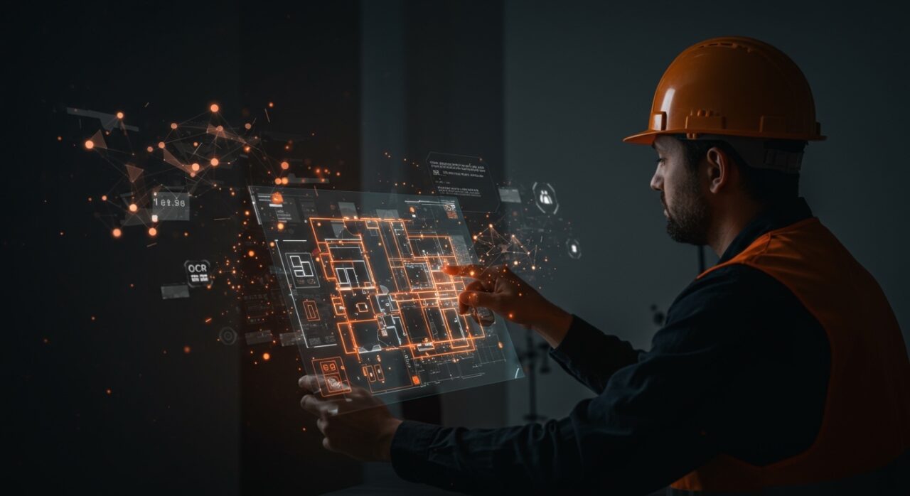 Uso de OCR y IA para extraer datos de planos arquitectónicos en PDF en construcción, mostrando automatización y análisis digital avanzado.