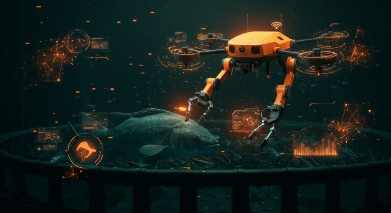 Robot de robótica para acuicultura inspeccionando peces con visión artificial en piscifactoría automatizada sostenible.