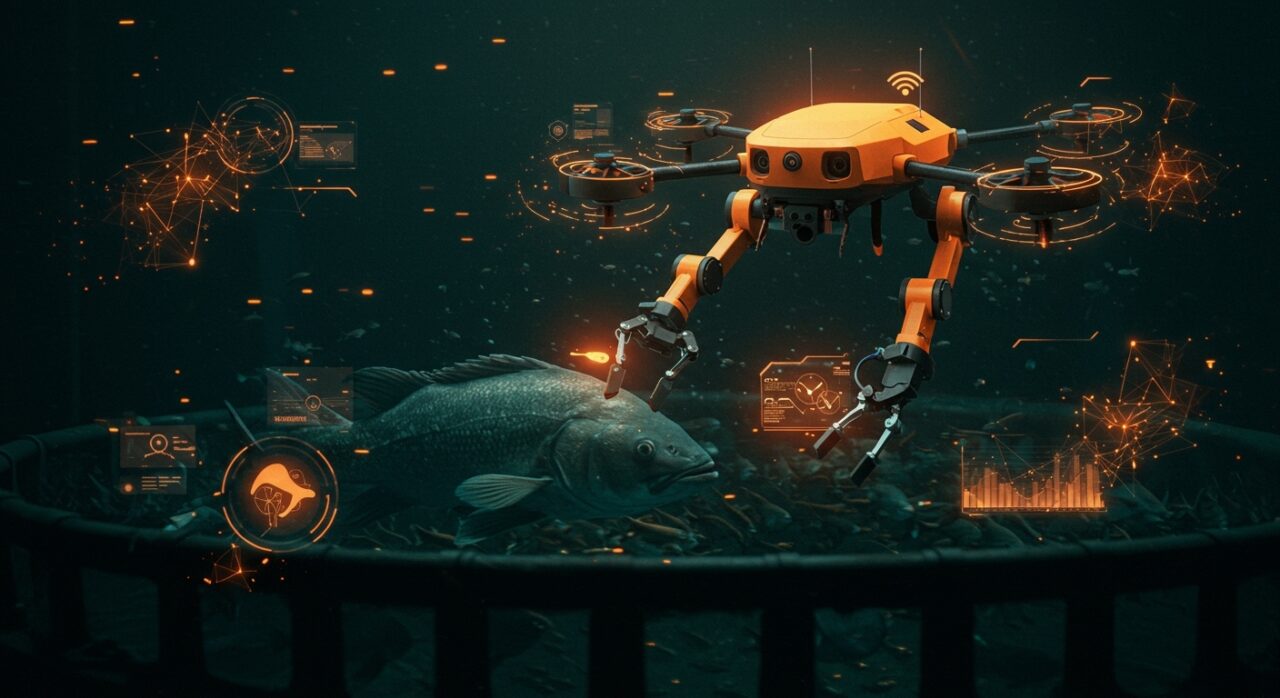 Robot de robótica para acuicultura inspeccionando peces con visión artificial en piscifactoría automatizada sostenible.