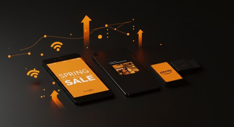 Ofertas tech primavera 2026 con móviles, Kindle Paperwhite y Fire TV Stick 4K Plus en ambiente futurista con detalles en naranja y negro para tendencias de hardware.