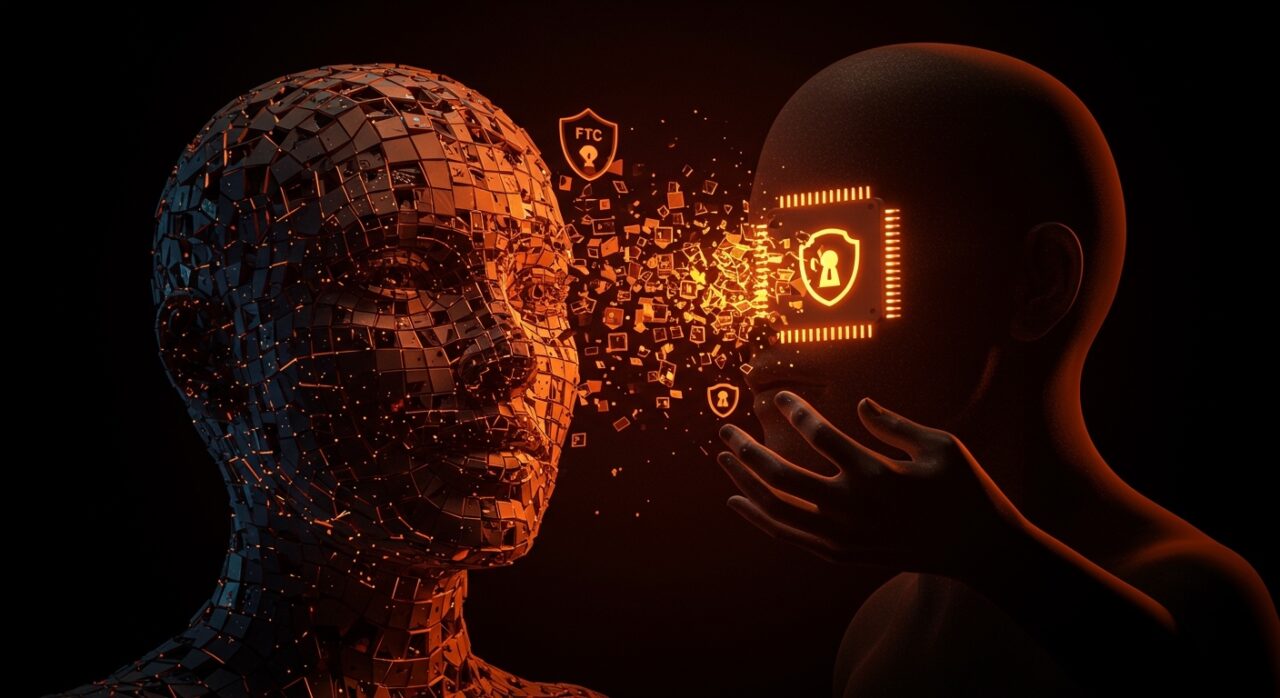 Ilustración conceptual de la violación de privacidad en OkCupid y uso de IA en reconocimiento facial, destacando la importancia de la gobernanza de datos y la intervención de la FTC.