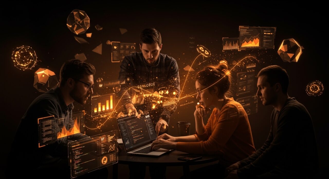 Fundadores tech colaborando sobre software libre con metáforas visuales de financiamiento y sostenibilidad en open source en LATAM.