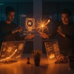 Fundadores tech colaborando en formación de inteligencia artificial con redes neuronales y certificaciones oficiales, recursos gratuitos de OpenAI Academy.