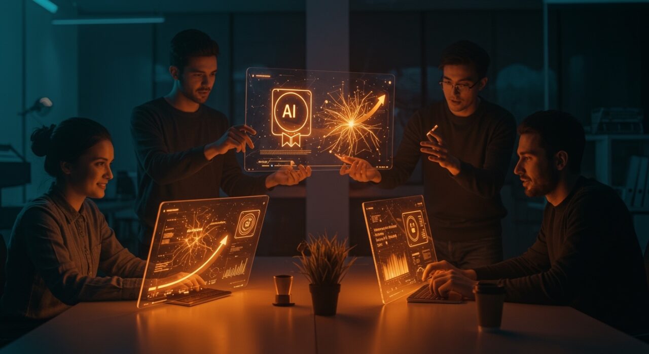 Fundadores tech colaborando en formación de inteligencia artificial con redes neuronales y certificaciones oficiales, recursos gratuitos de OpenAI Academy.