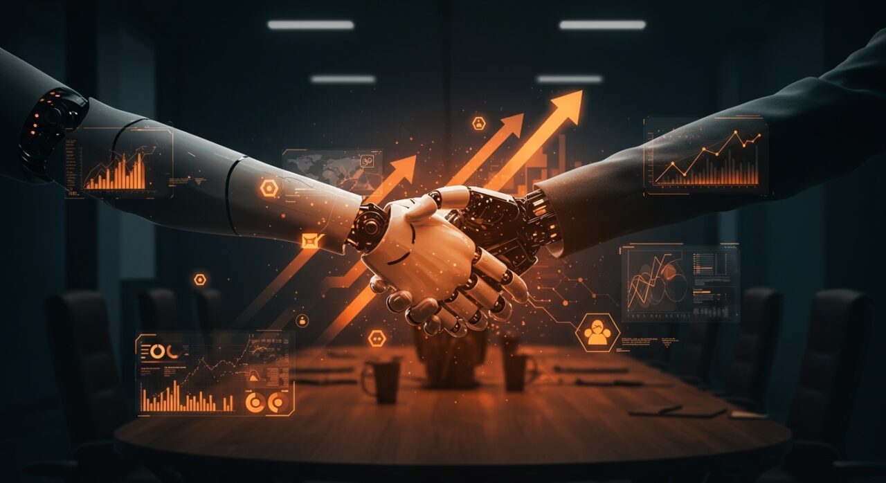 Mano robótica y humana estrechándose en un entorno digital que simboliza adquisiciones de OpenAI y el ecosistema de IA generativa en startups tech.