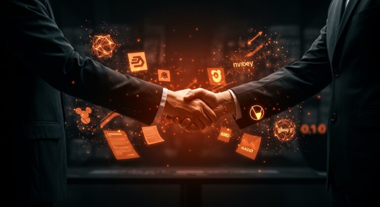 Acuerdos millonarios de OpenAI representados con metáforas visuales de inteligencia artificial e inversión en el ecosistema startup.