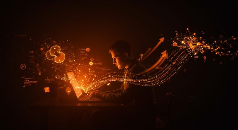 Silhouette of developer coding in Python with AI neural network abstract visuals representing OpenAI, Astral, and Codex impact on IA applied in startups.