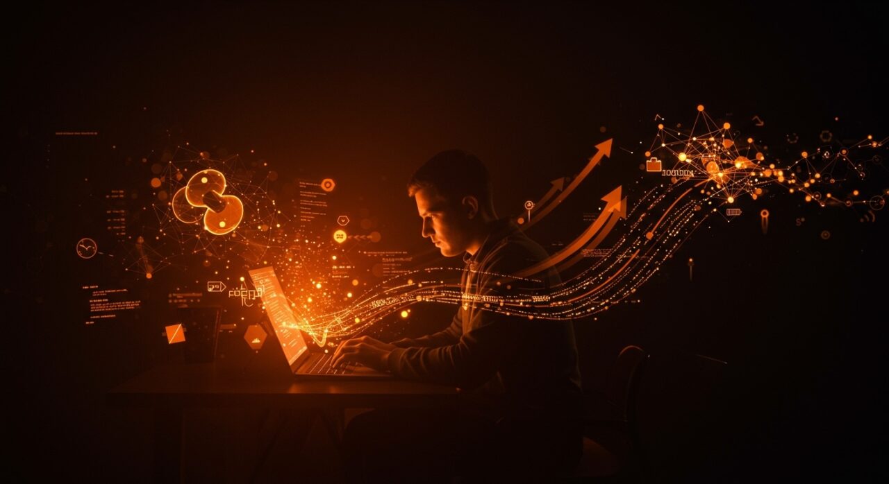 Silhouette of developer coding in Python with AI neural network abstract visuals representing OpenAI, Astral, and Codex impact on IA applied in startups.