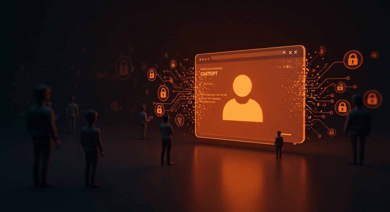 Figura reflexiva simbolizando fundador tech frente a la interfaz de ChatGPT siendo cancelada, mostrando ética y presión interna en inteligencia artificial.