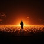 Silhouette de líder contemplando un horizonte digital sobre la carrera de AGI y seguridad en inteligencia artificial de OpenAI.