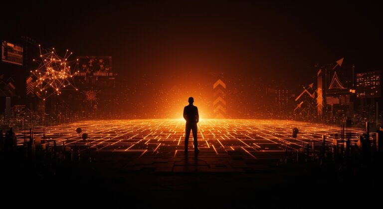 Silhouette de líder contemplando un horizonte digital sobre la carrera de AGI y seguridad en inteligencia artificial de OpenAI.