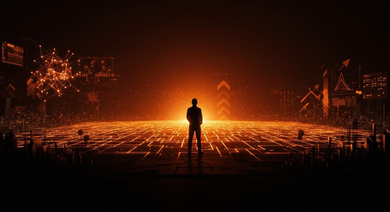 Silhouette de líder contemplando un horizonte digital sobre la carrera de AGI y seguridad en inteligencia artificial de OpenAI.