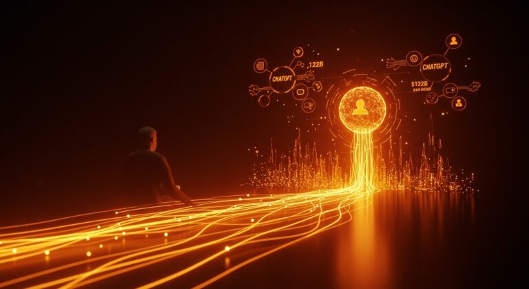 Líder visionario supervisando un innovador ecosistema de IA con énfasis en OpenAI, financiación récord y crecimiento de startups tecnológicas.