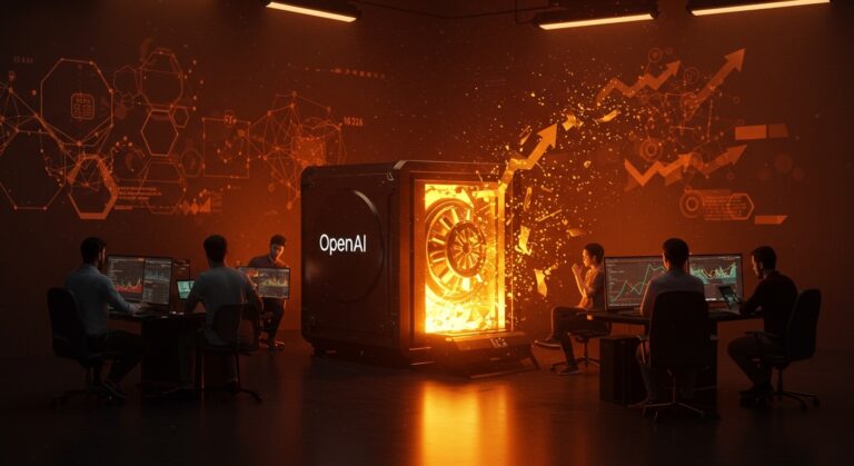 Inversores retail observando una monumental inversión de OpenAI y flujos de capital representados con gráficos digitales en tonos naranja y negro.