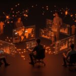 Colaboración de fundadores de startups con visualizaciones holográficas de inteligencia artificial, representando la expansión de plantilla y la apuesta de OpenAI por la IA empresarial en LATAM.