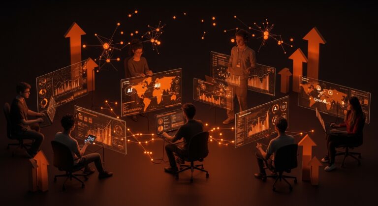 Colaboración de fundadores de startups con visualizaciones holográficas de inteligencia artificial, representando la expansión de plantilla y la apuesta de OpenAI por la IA empresarial en LATAM.