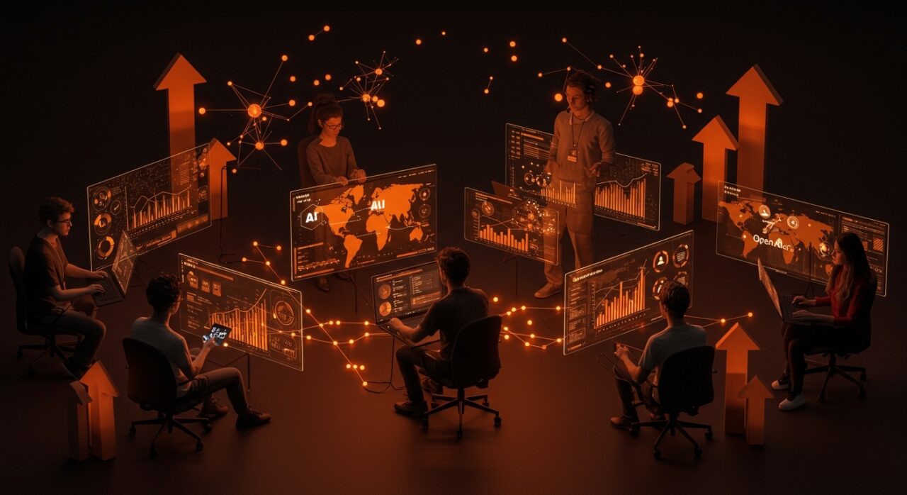 Colaboración de fundadores de startups con visualizaciones holográficas de inteligencia artificial, representando la expansión de plantilla y la apuesta de OpenAI por la IA empresarial en LATAM.