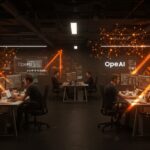 Crecimiento de plantilla de OpenAI y liderazgo en IA empresarial con imágenes conceptuales de redes neuronales y escalabilidad en startups tecnológicas.