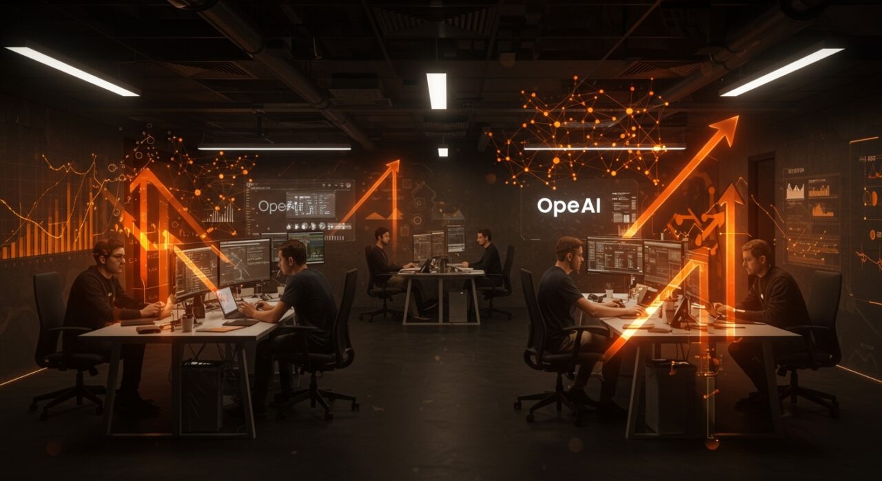 Crecimiento de plantilla de OpenAI y liderazgo en IA empresarial con imágenes conceptuales de redes neuronales y escalabilidad en startups tecnológicas.