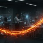 Equipo corporativo colaborando con interfaces futuristas que representan la expansión de OpenAI y la IA empresarial, impulsando oportunidades para startups LATAM.