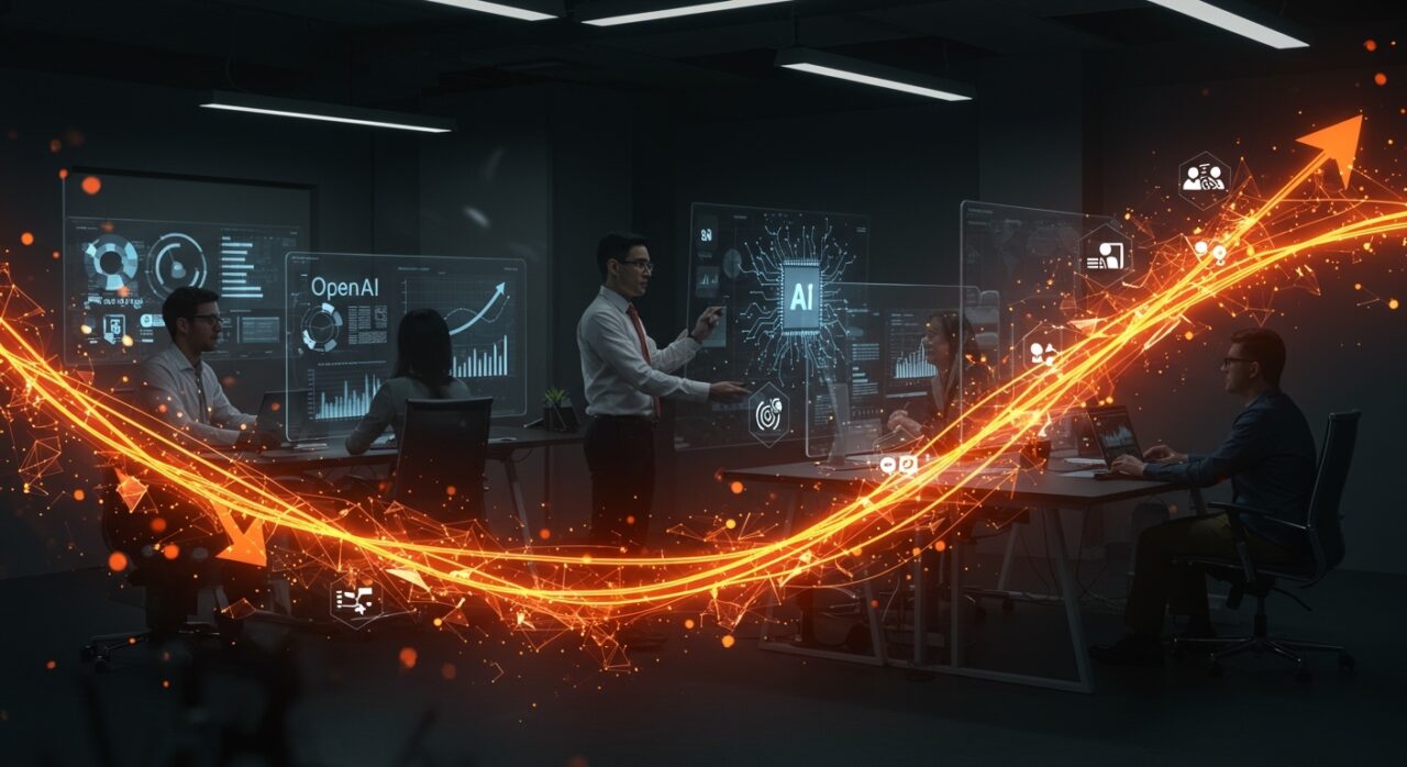 Equipo corporativo colaborando con interfaces futuristas que representan la expansión de OpenAI y la IA empresarial, impulsando oportunidades para startups LATAM.