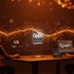 Imagen editorial que representa la independencia de OpenAI Foundation y el impacto de ChatGPT en ecommerce y SEO con estética naranja y negra.