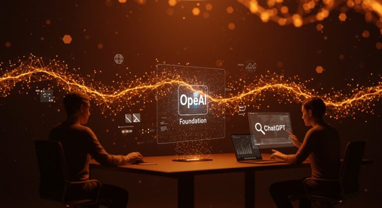 Imagen editorial que representa la independencia de OpenAI Foundation y el impacto de ChatGPT en ecommerce y SEO con estética naranja y negra.