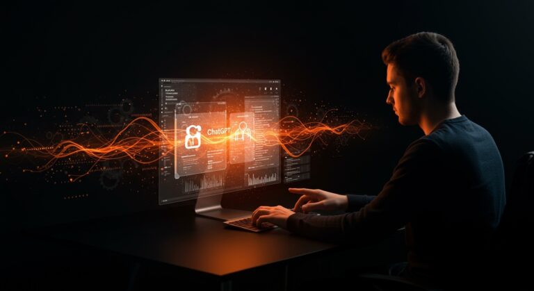 Interfaz futurista de superapp de OpenAI que fusiona ChatGPT, Codex y Atlas para potenciar la productividad con inteligencia artificial.