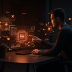 Emprendedor interactuando con una interfaz holográfica de GPT-5.3 Instant, mostrando mejoras en precisión y reducción de errores para startups.