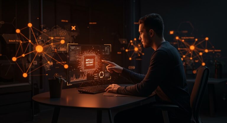Emprendedor interactuando con una interfaz holográfica de GPT-5.3 Instant, mostrando mejoras en precisión y reducción de errores para startups.