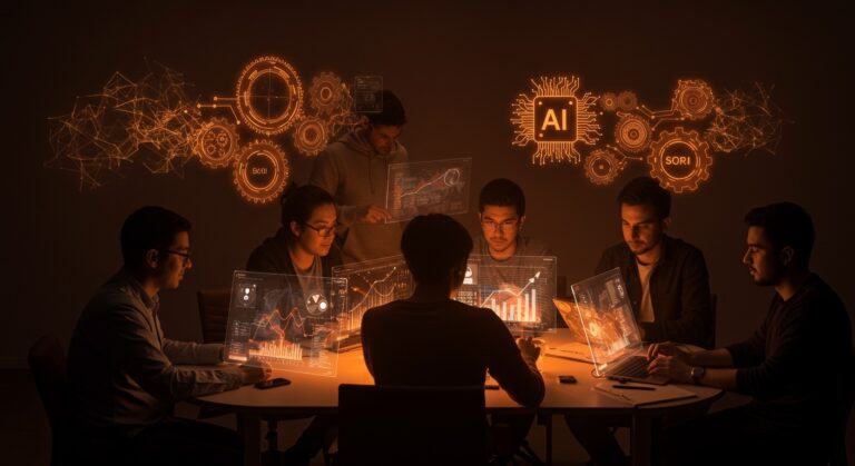 Startup LATAM trabajando colaborativamente con inteligencia artificial aplicada de OpenAI y Sora para aumentar productividad y automatización.