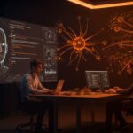 Ingenieros creando un agente IA en OpenAI para 4000 empleados con código generado por inteligencia artificial en un entorno tecnológico y futurista.