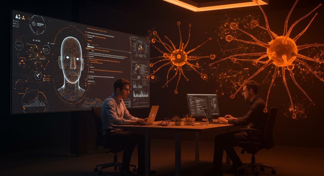 Ingenieros creando un agente IA en OpenAI para 4000 empleados con código generado por inteligencia artificial en un entorno tecnológico y futurista.